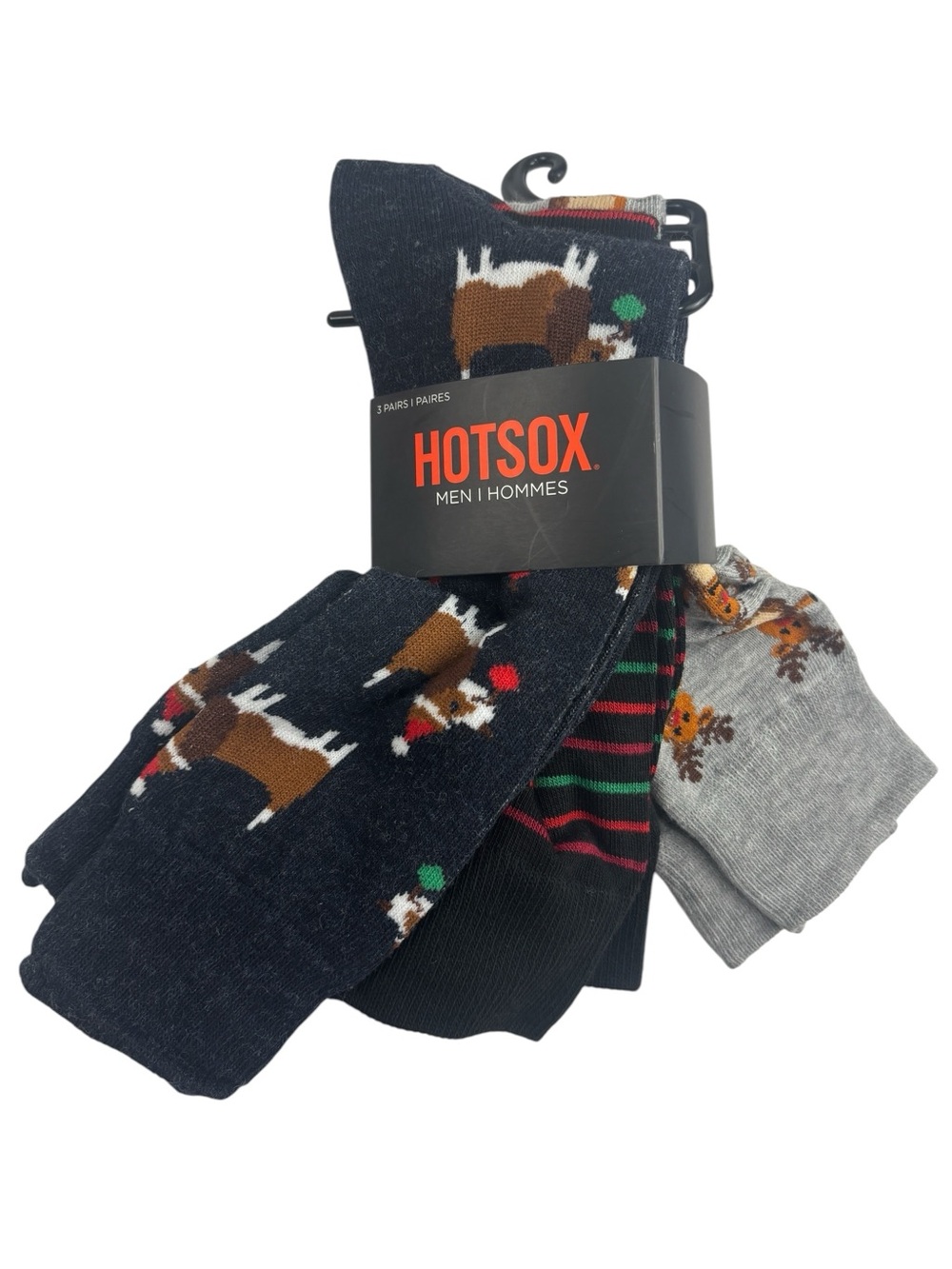 Hotsox Men’s 3-Pack Novelty Holiday Christmas Socks Dogs, Stripes, Reindeer